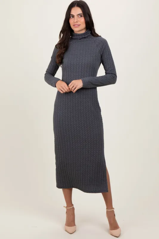Charcoal Cable Knit Turtleneck Midi Sweater Dress sold by Pinkblush