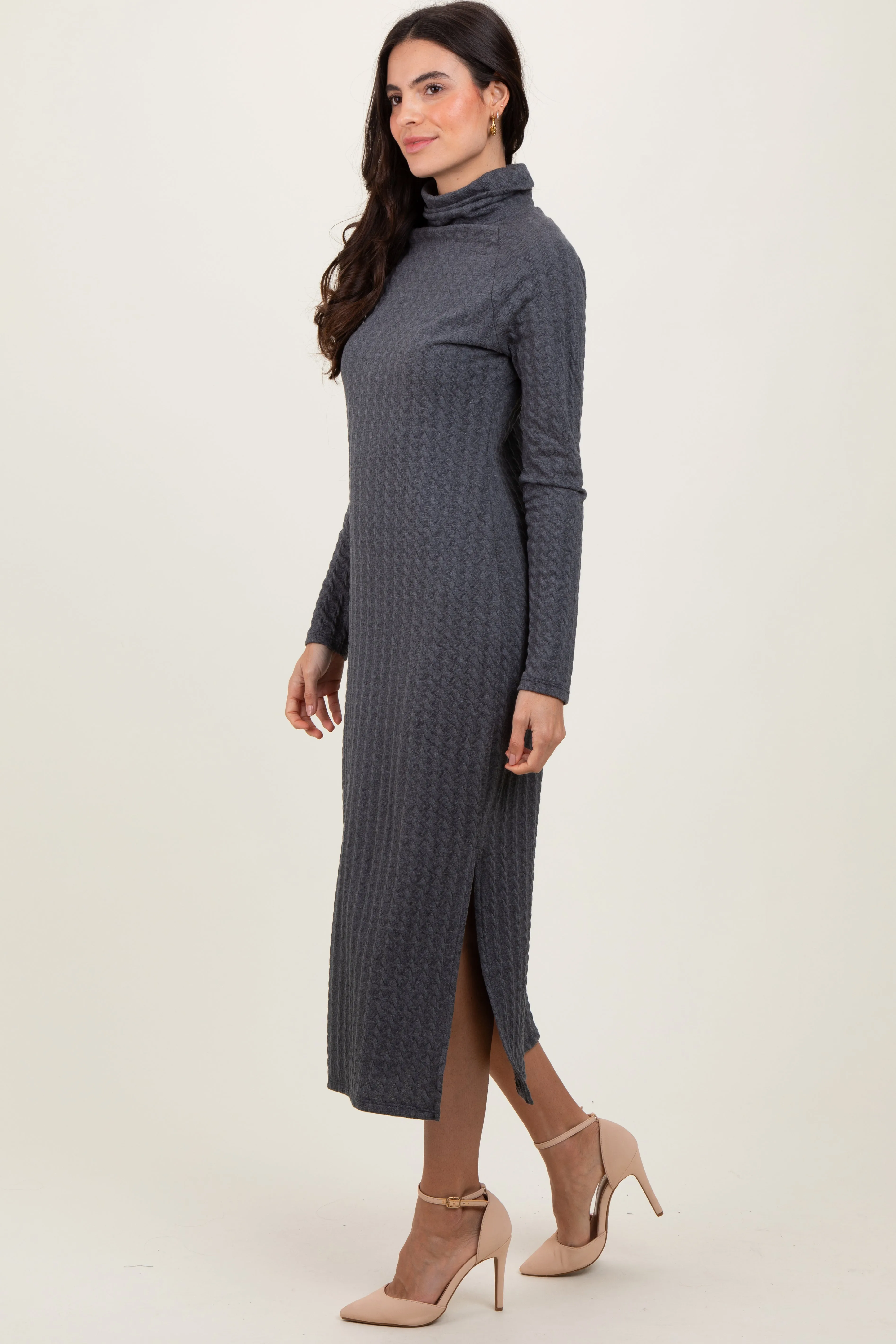 Charcoal Cable Knit Turtleneck Midi Sweater Dress sold by Pinkblush product image thumbnail 2