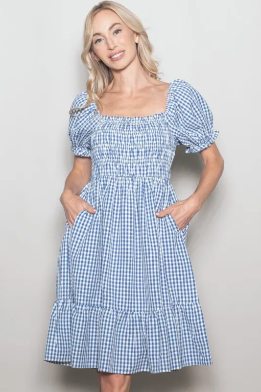 Blue Gingham Smocked Puff Sleeve Dress sold by Pinkblush
