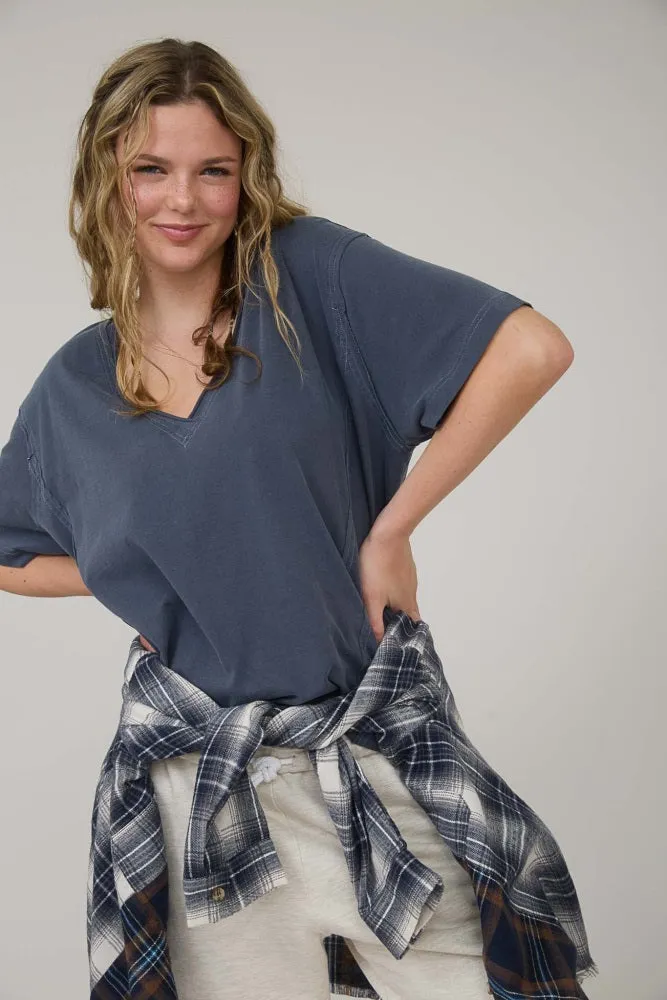 Navy Raw Edge V-Neck Short Sleeve T-Shirt sold by Pinkblush product image thumbnail 2