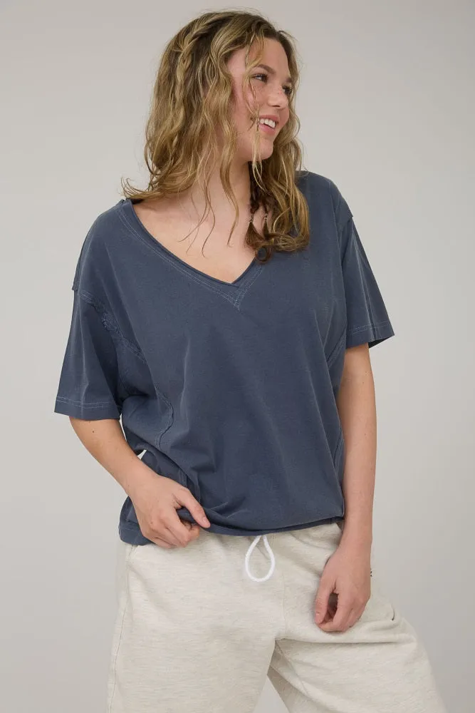 Navy Raw Edge V-Neck Short Sleeve T-Shirt sold by Pinkblush product image thumbnail 3