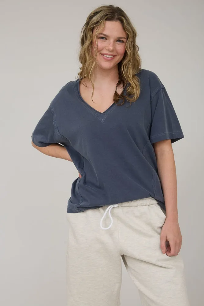 Navy Raw Edge V-Neck Short Sleeve T-Shirt sold by Pinkblush