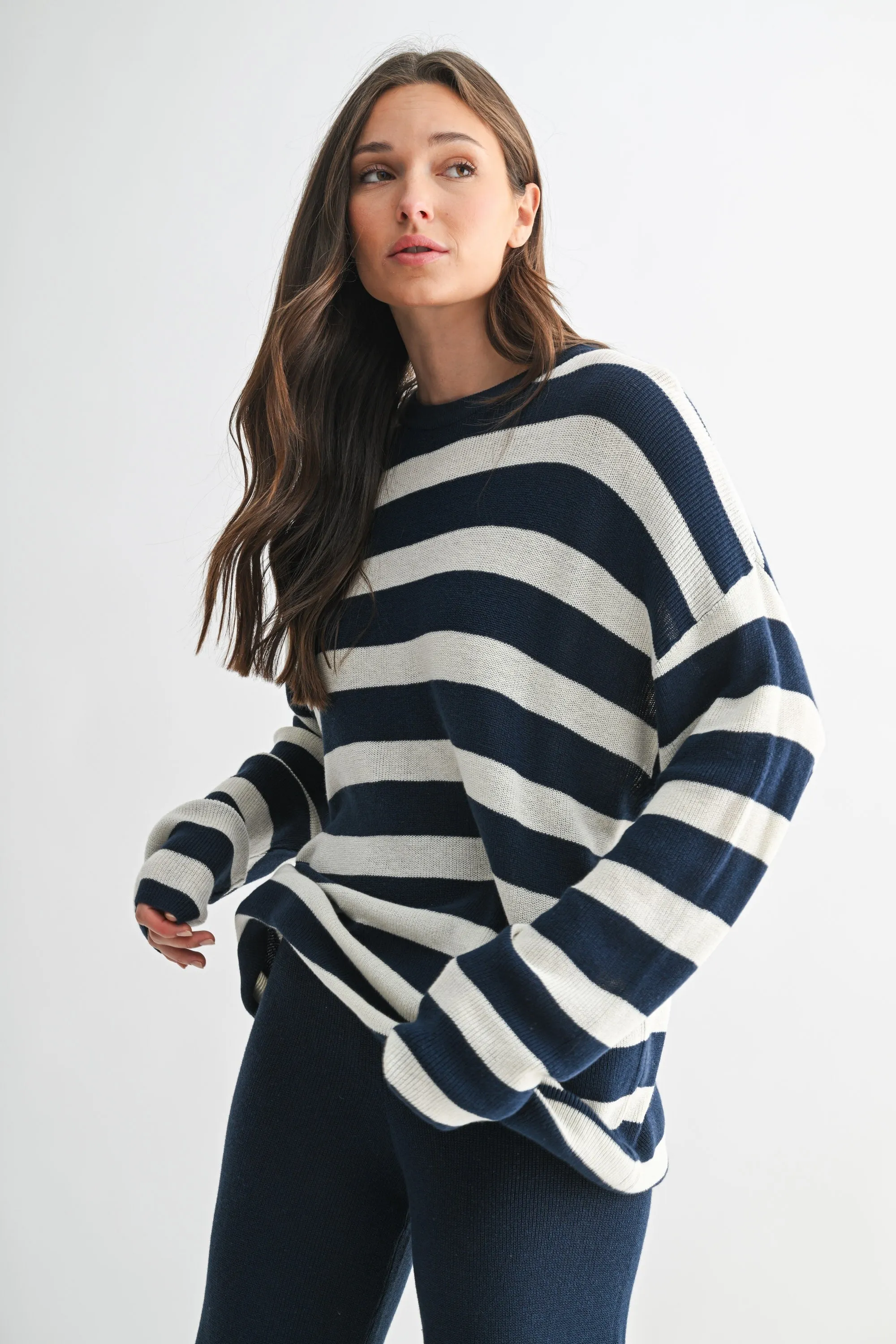 Navy Striped Long Sleeve Sweater Knit Pants Set sold by Pinkblush product image thumbnail 3