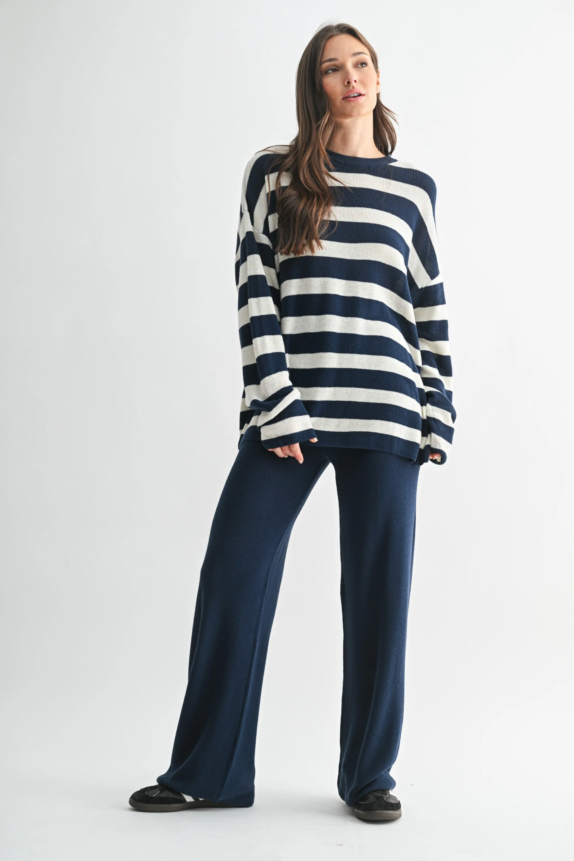 Navy Striped Long Sleeve Sweater Knit Pants Set sold by Pinkblush product image thumbnail 2