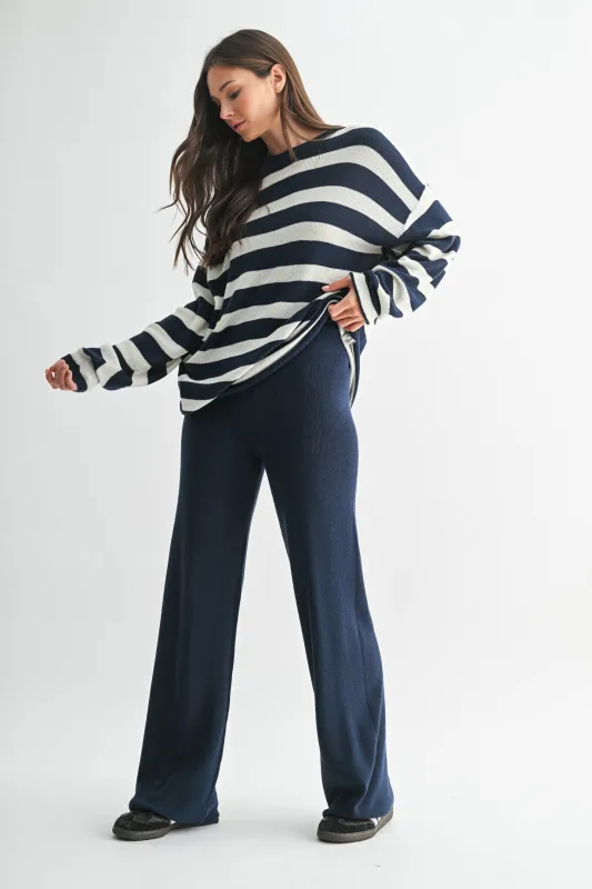 Navy Striped Long Sleeve Sweater Knit Pants Set sold by Pinkblush