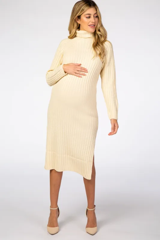 Cream Long Sleeve Turtleneck Maternity Sweater Dress sold by Pinkblush