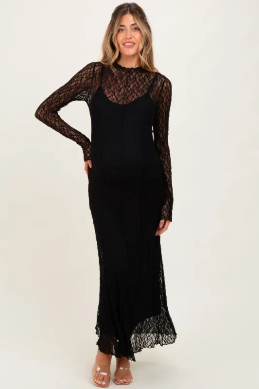 Black Lace Mock Neck Long Sleeve Maternity Maxi Dress sold by Pinkblush