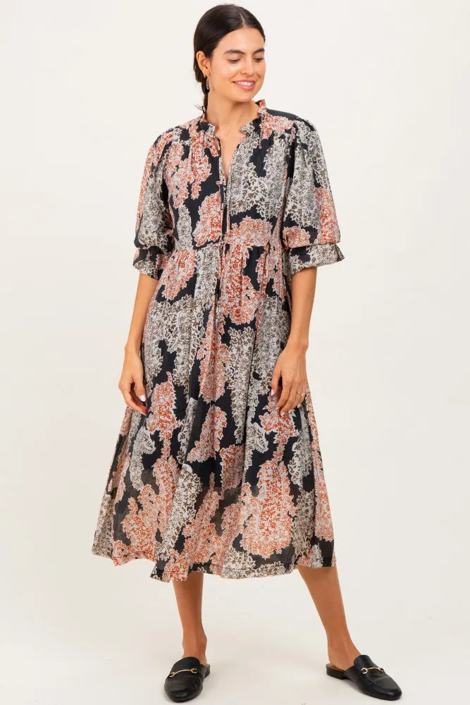 Brown Floral Chiffon Front Tie Midi Dress sold by Pinkblush