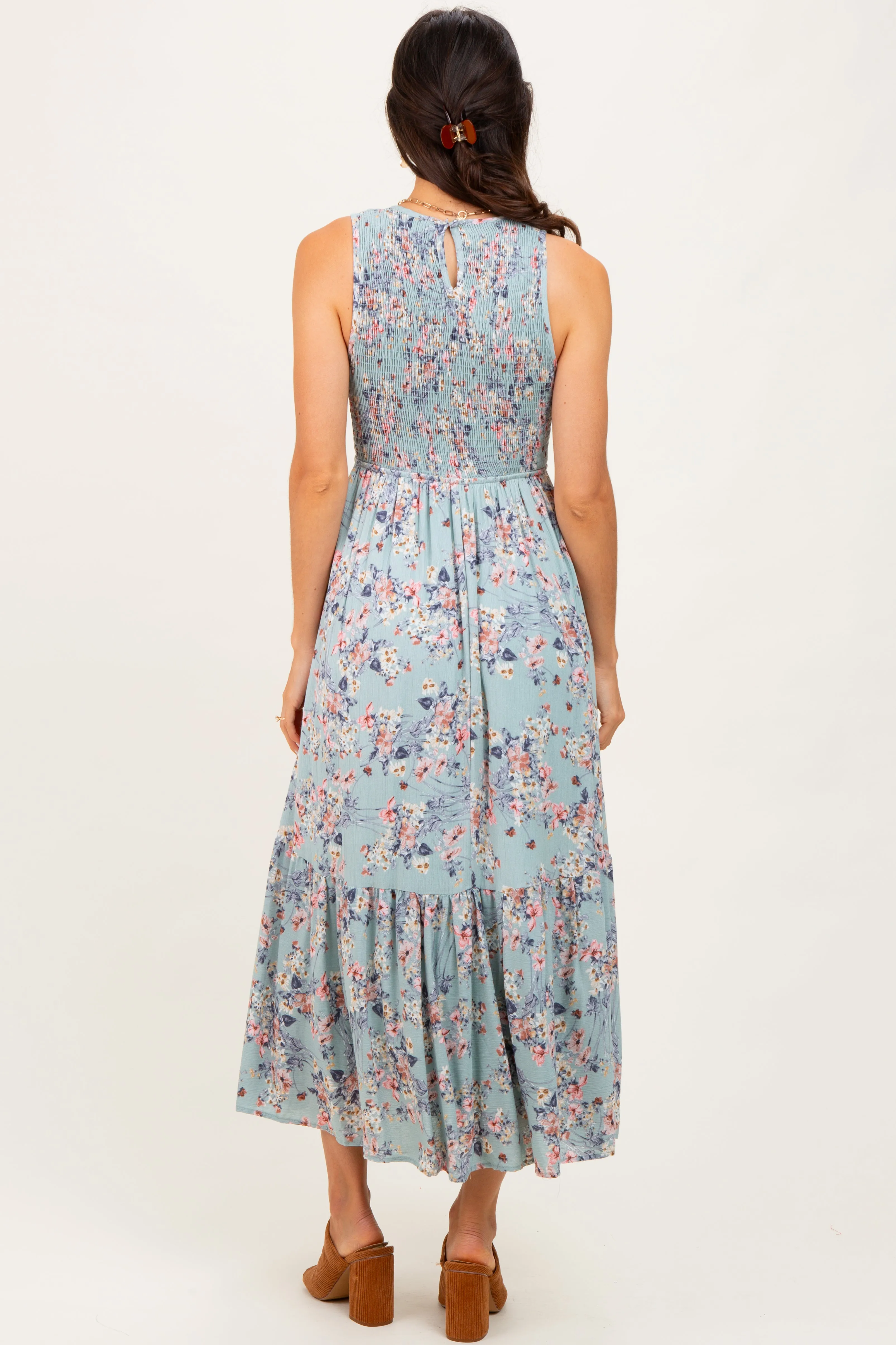Sage Floral Print Smocked Top Sleeveless Tiered Maxi Dress sold by Pinkblush product image thumbnail 3