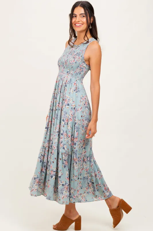 Sage Floral Print Smocked Top Sleeveless Tiered Maxi Dress sold by Pinkblush