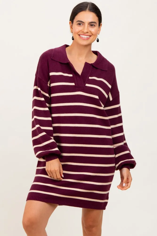 Burgundy Striped Knit Polo Sweater Dress sold by Pinkblush