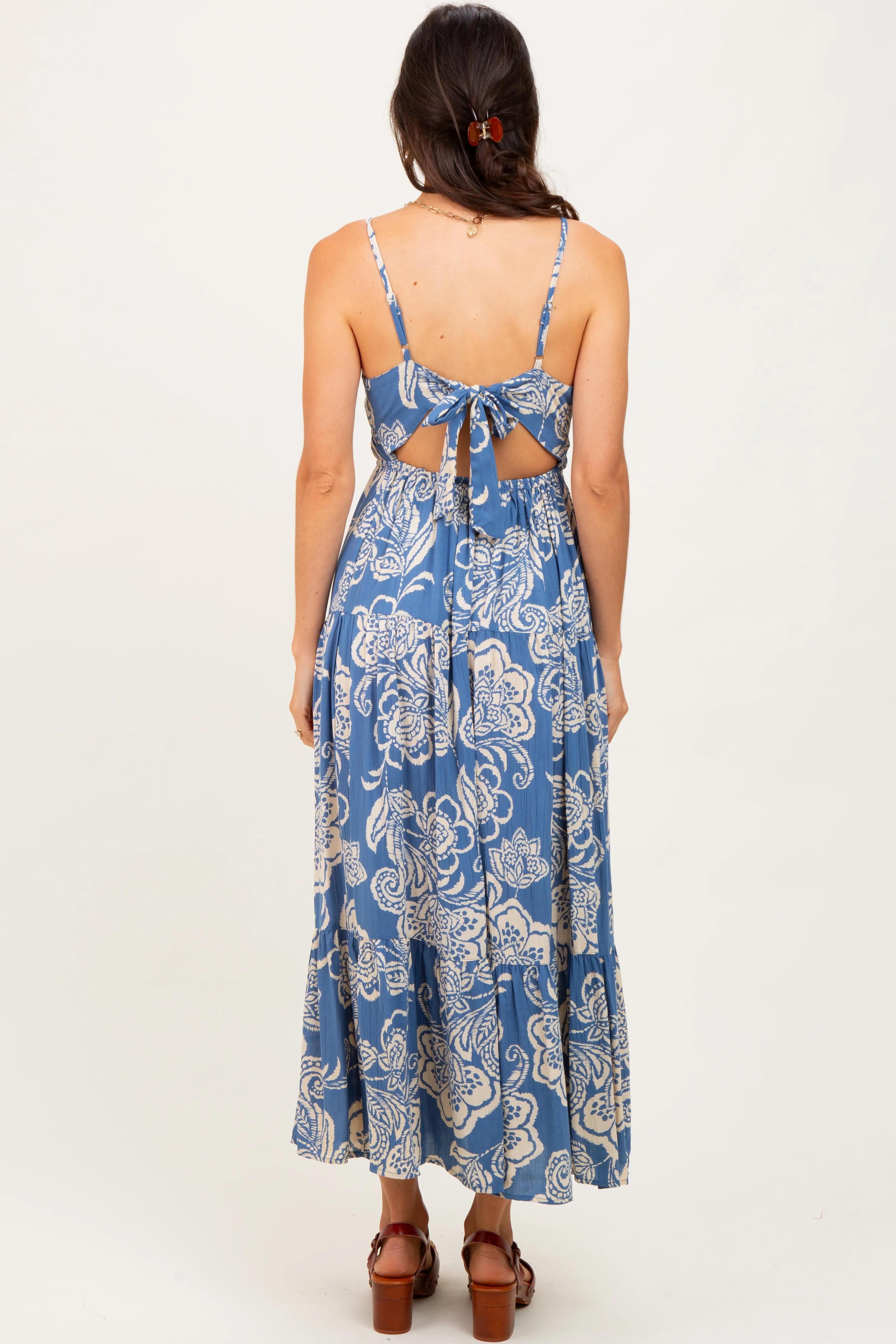 Blue Floral Cutout Tie Back Midi Dress sold by Pinkblush product image thumbnail 4