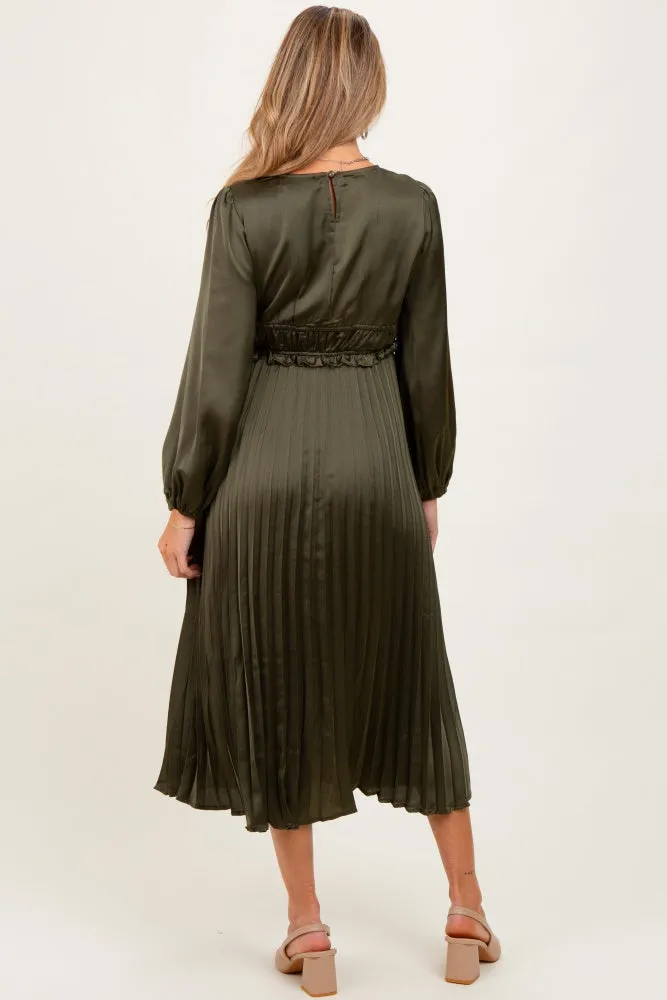Olive Pleated Satin Smocked Waist Maternity Midi Dress sold by Pinkblush product image thumbnail 3