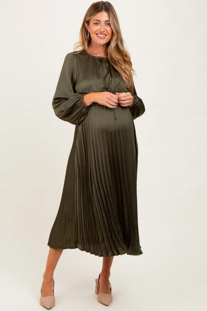Olive Pleated Satin Smocked Waist Maternity Midi Dress sold by Pinkblush