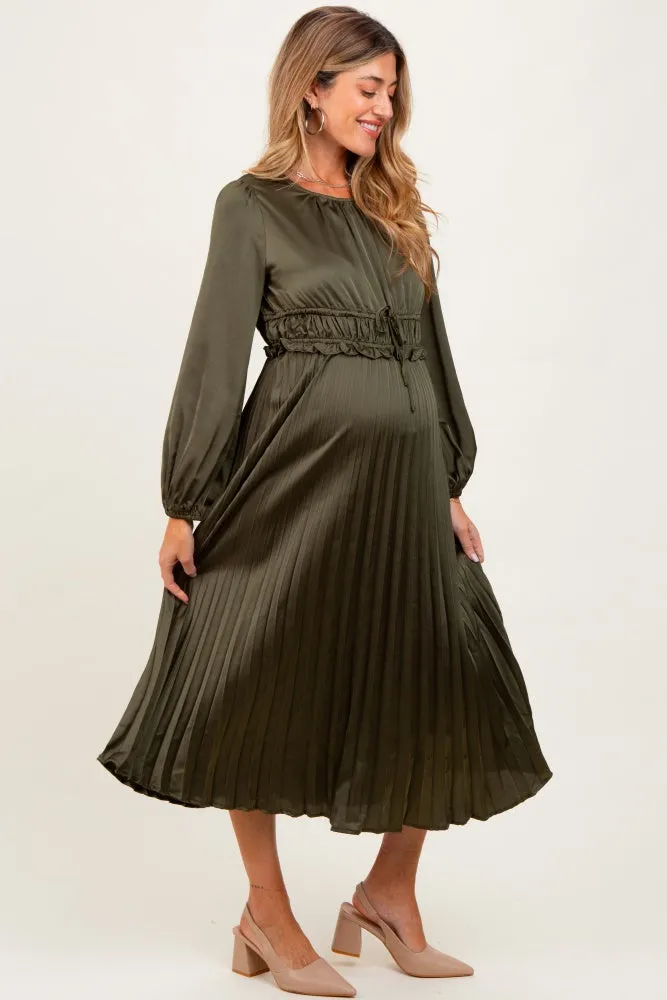 Olive Pleated Satin Smocked Waist Maternity Midi Dress sold by Pinkblush product image thumbnail 2