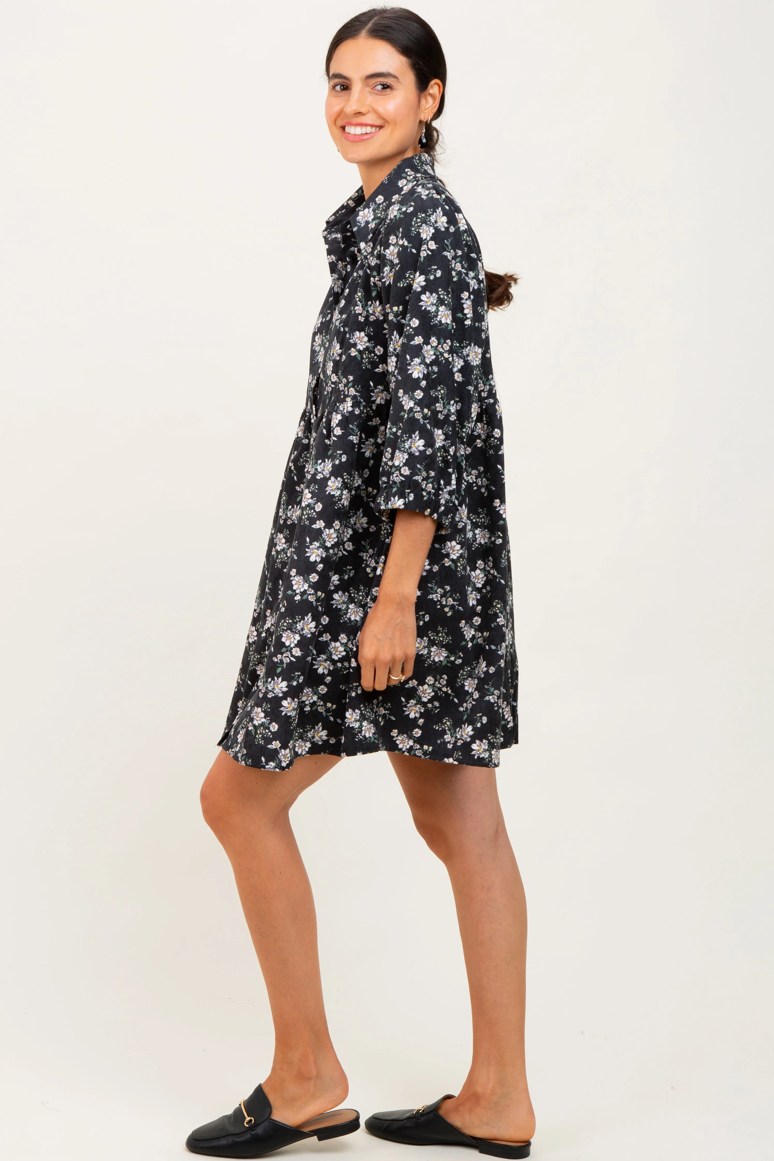 Black Floral Corduroy Button Down Shirt Dress sold by Pinkblush product image thumbnail 3
