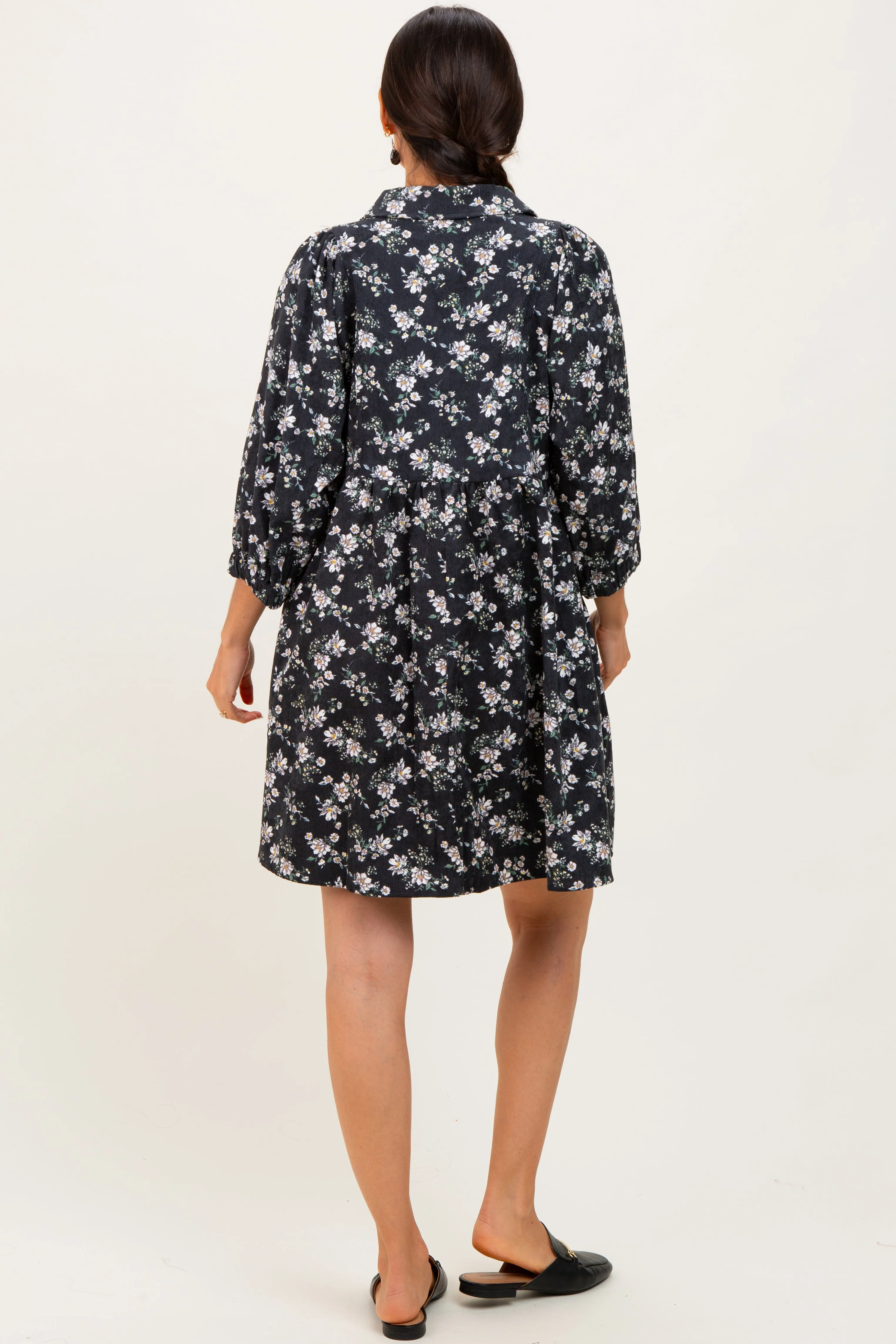 Black Floral Corduroy Button Down Shirt Dress sold by Pinkblush product image thumbnail 4