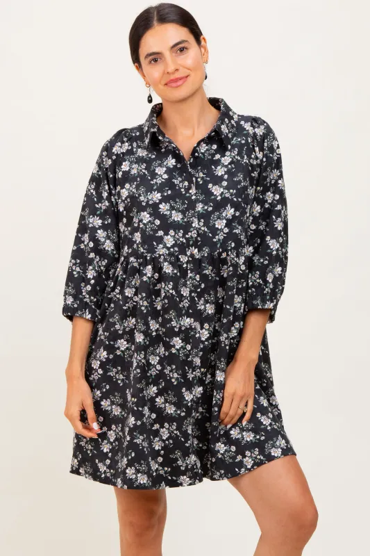 Black Floral Corduroy Button Down Shirt Dress sold by Pinkblush