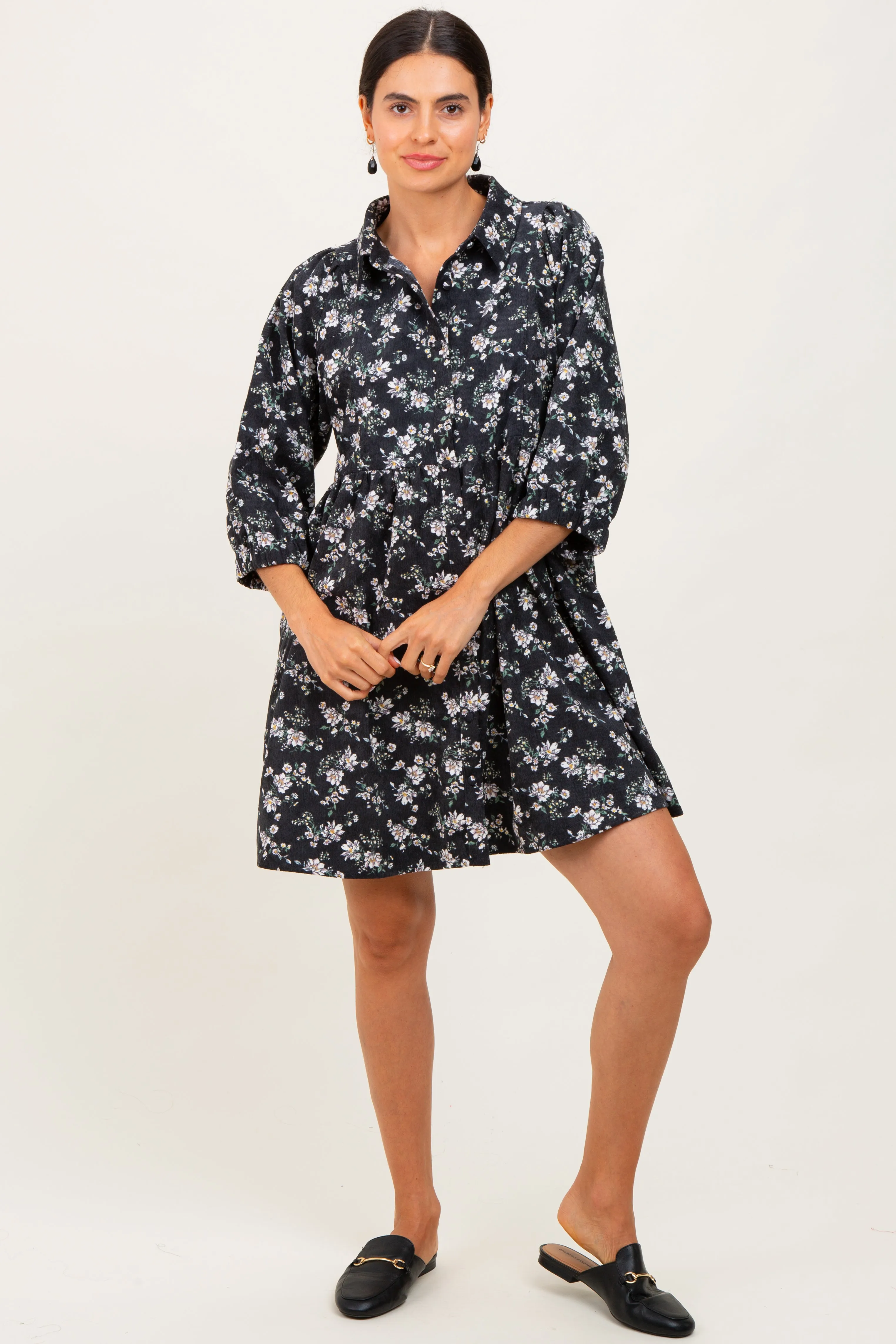 Black Floral Corduroy Button Down Shirt Dress sold by Pinkblush product image thumbnail 2