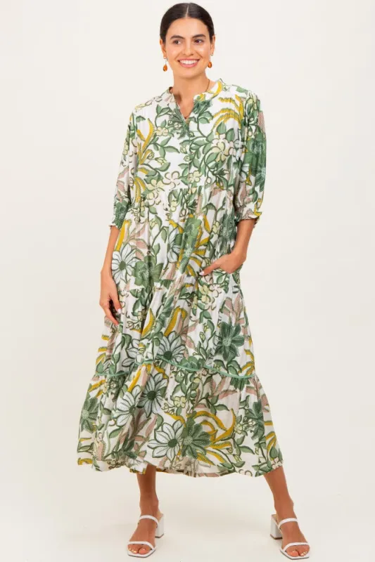 Green Floral Tiered Short Sleeve Midi Dress sold by Pinkblush