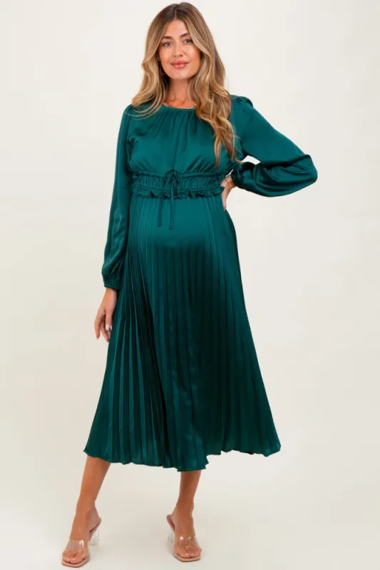 Forest Green Pleated Satin Smocked Waist Maternity Midi Dress sold by Pinkblush
