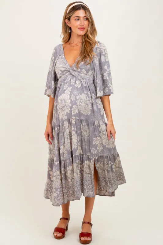 Light Grey Floral Twisted Front Tiered Maternity Midi Dress sold by Pinkblush