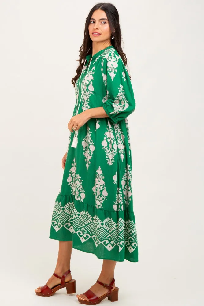 Green Damask Tassel Front Tie Tiered Midi Dress sold by Pinkblush product image thumbnail 2