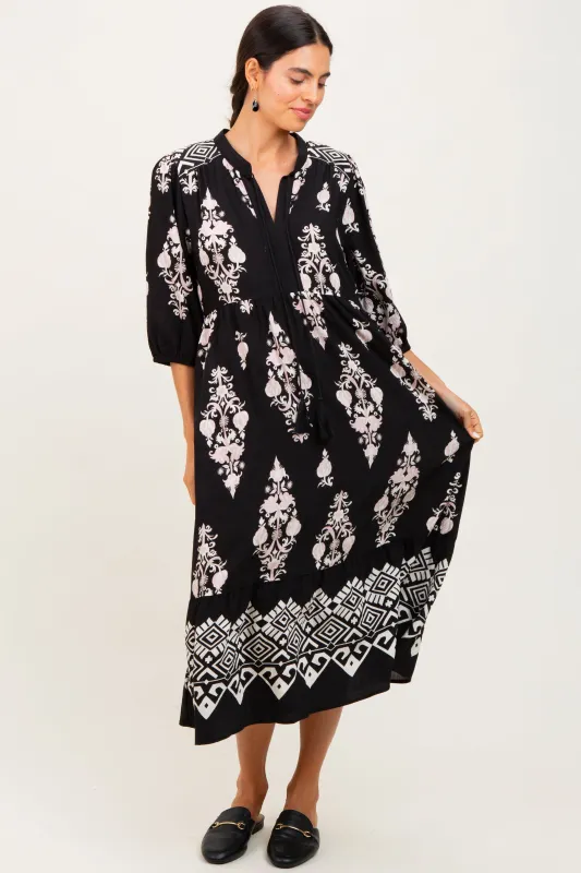 Black Damask Tassel Front Tie Tiered Midi Dress sold by Pinkblush