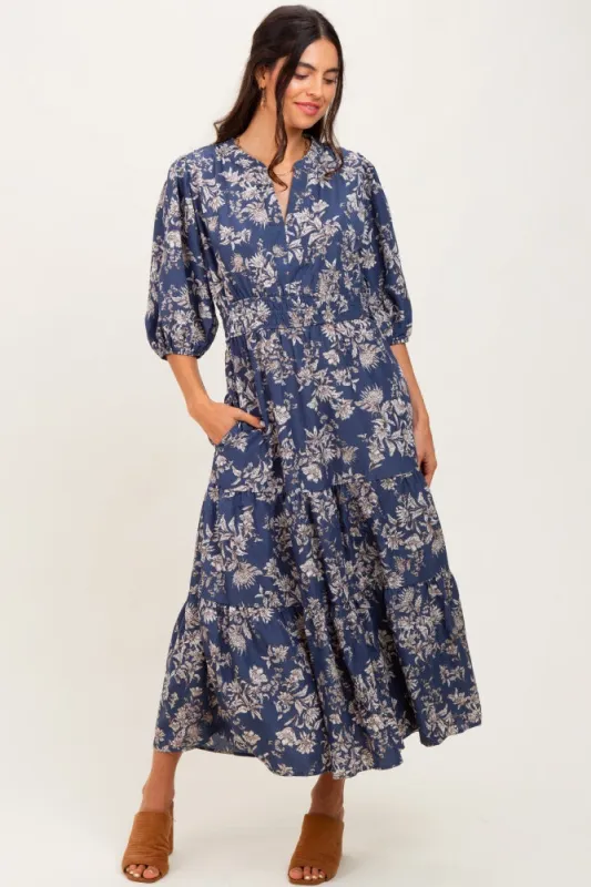 Blue Floral 3/4 Sleeve Smocked Waist Midi Dress sold by Pinkblush