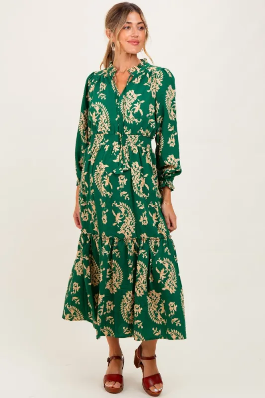 Green Damask Front Tie Smocked Waist Maternity Midi Dress sold by Pinkblush