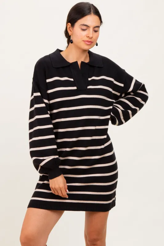 Black Striped Knit Polo Sweater Dress sold by Pinkblush