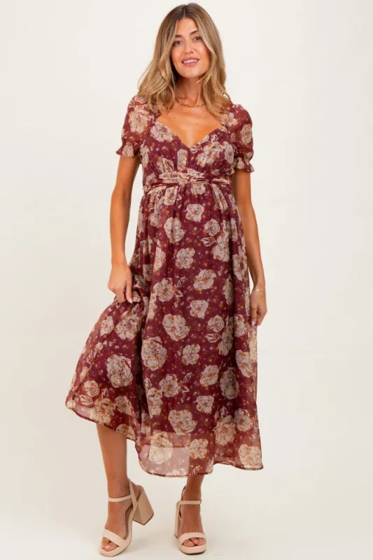 Burgundy Floral Chiffon Sweetheart Neckline Maternity Midi Dress sold by Pinkblush