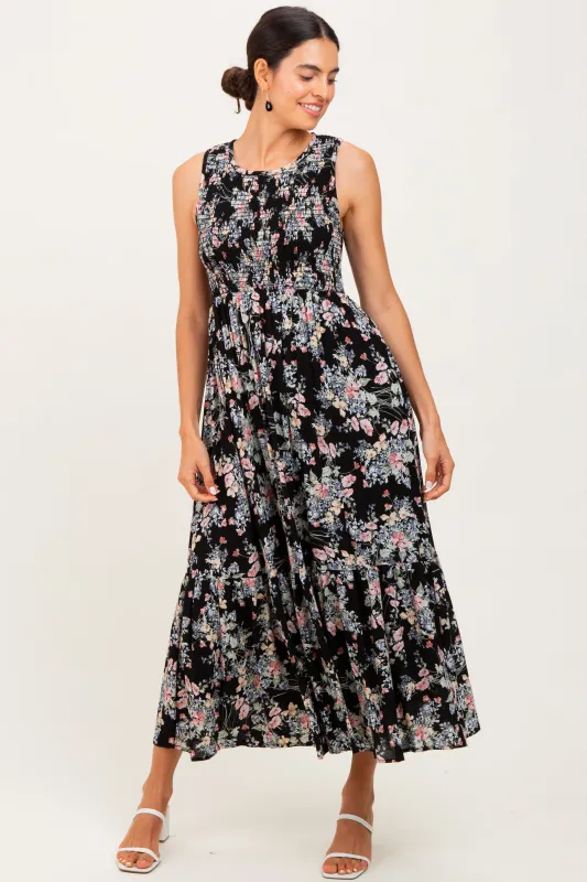 Black Floral Print Smocked Top Sleeveless Tiered Maxi Dress sold by Pinkblush