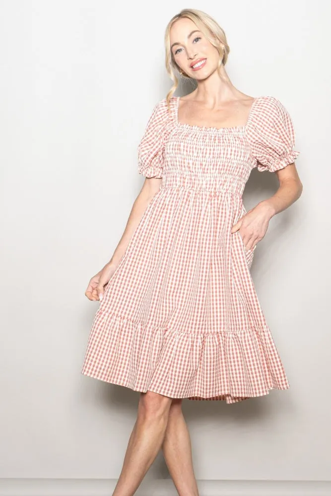 Rust Gingham Smocked Puff Sleeve Dress sold by Pinkblush product image thumbnail 4