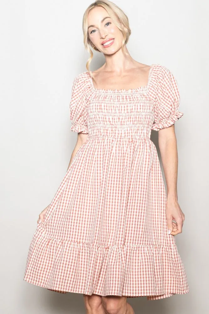 Rust Gingham Smocked Puff Sleeve Dress sold by Pinkblush