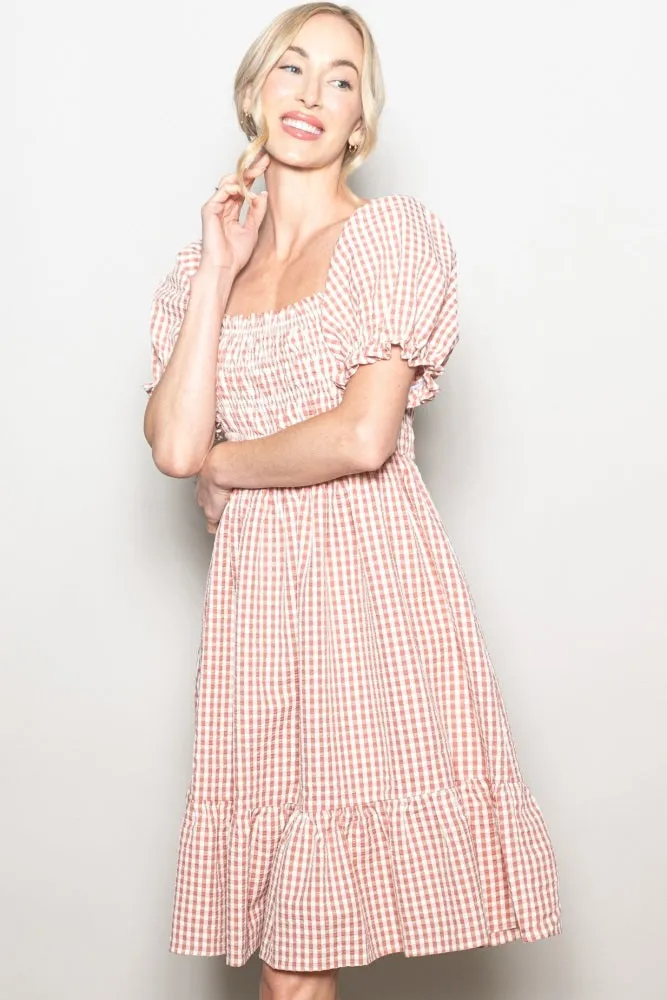 Rust Gingham Smocked Puff Sleeve Dress sold by Pinkblush product image thumbnail 2