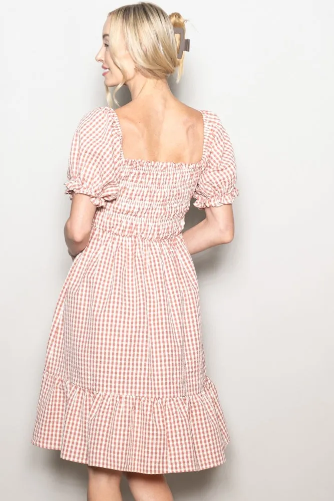 Rust Gingham Smocked Puff Sleeve Dress sold by Pinkblush product image thumbnail 3