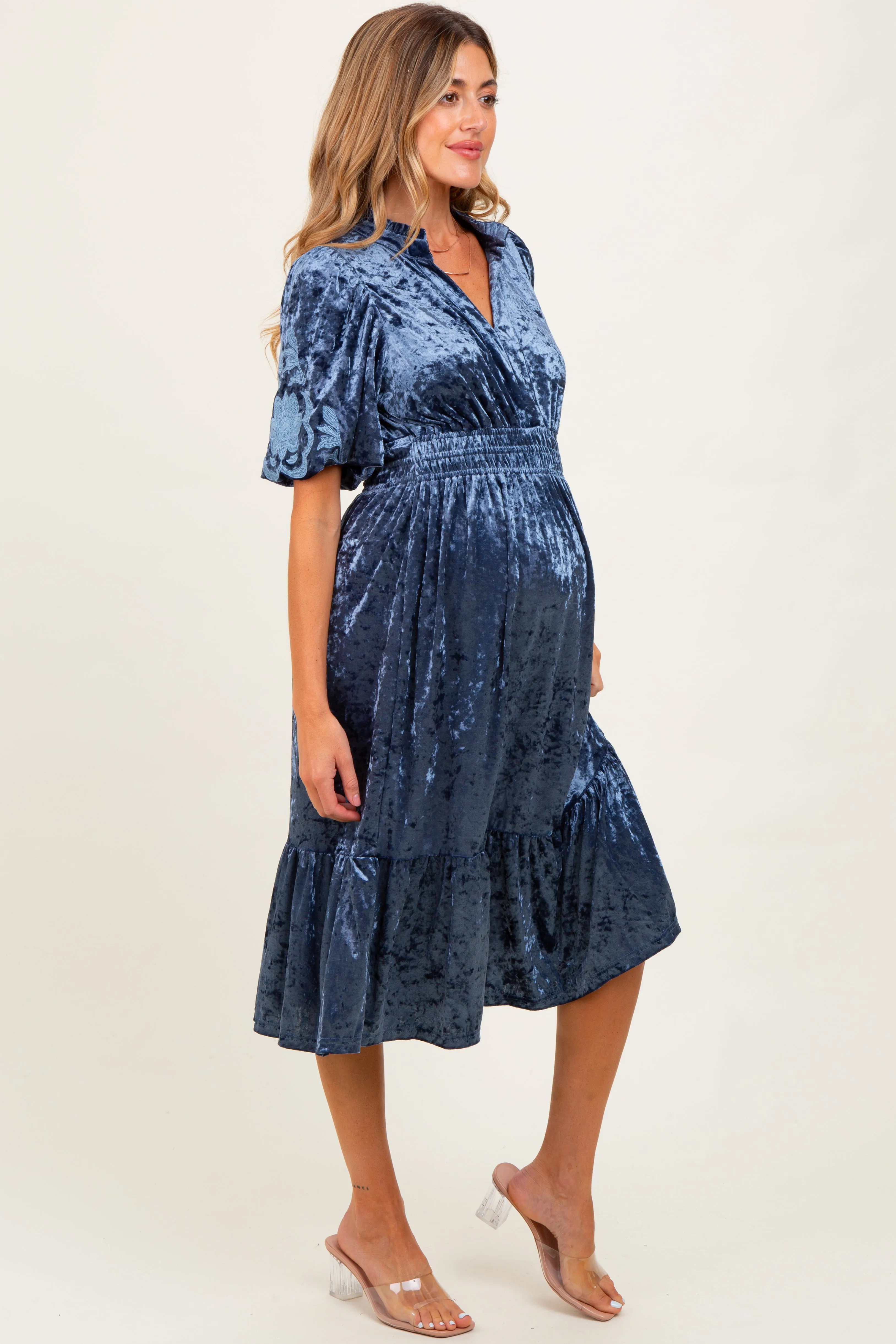 Blue Embroidered Velvet Smocked Waist Maternity Midi Dress sold by Pinkblush product image thumbnail 3