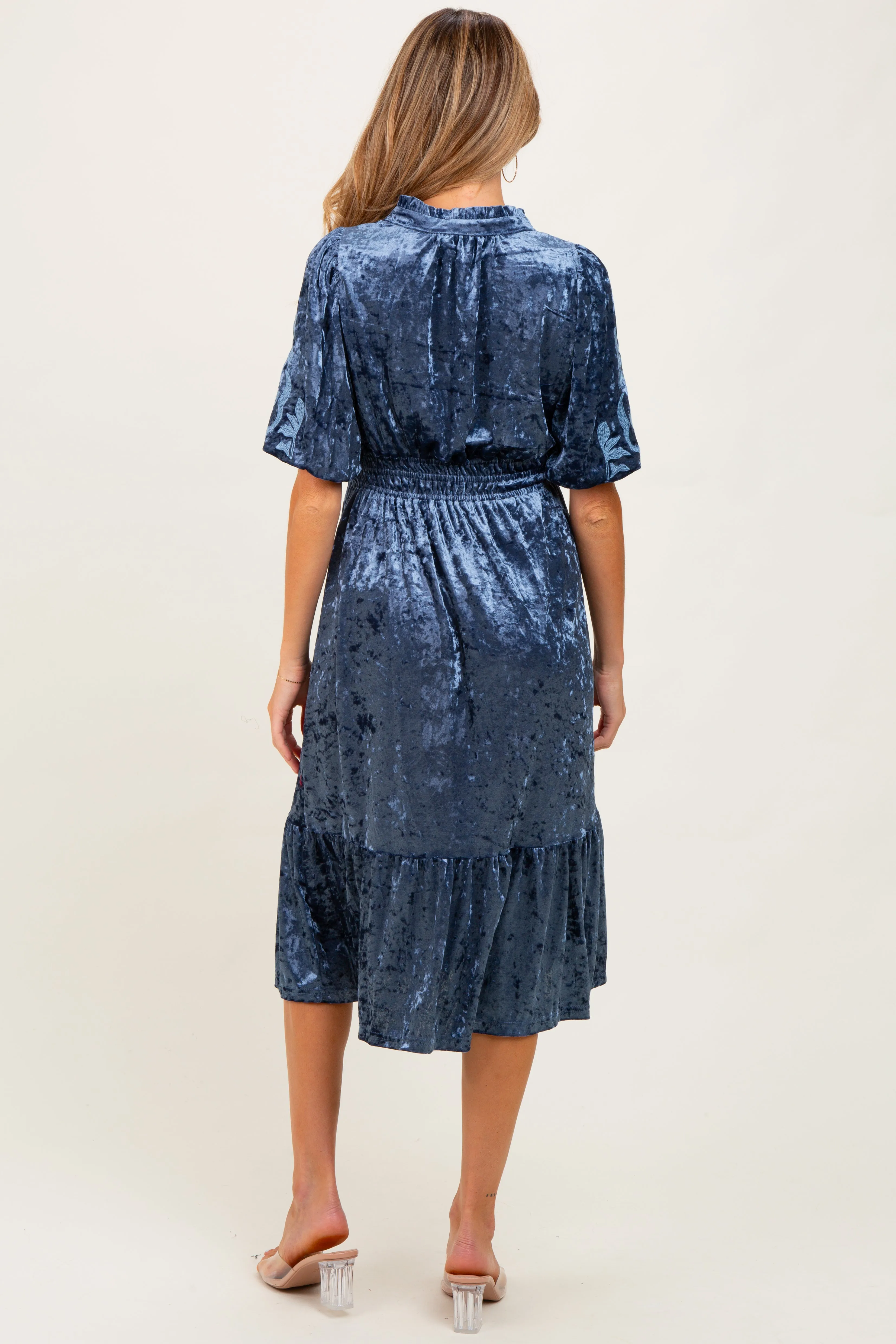 Blue Embroidered Velvet Smocked Waist Maternity Midi Dress sold by Pinkblush product image thumbnail 4