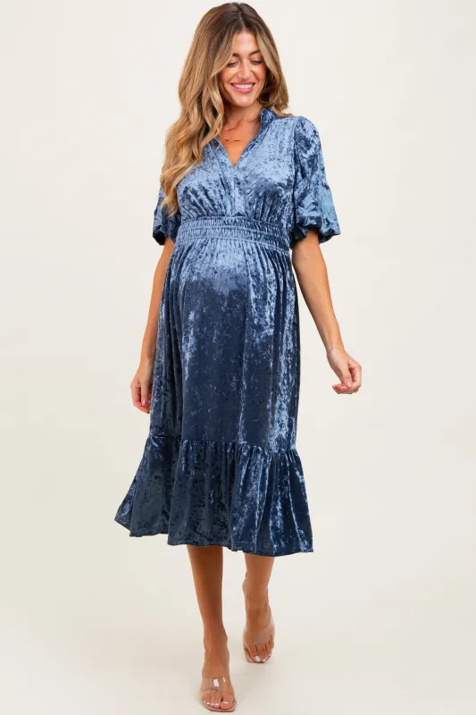 Blue Embroidered Velvet Smocked Waist Maternity Midi Dress sold by Pinkblush