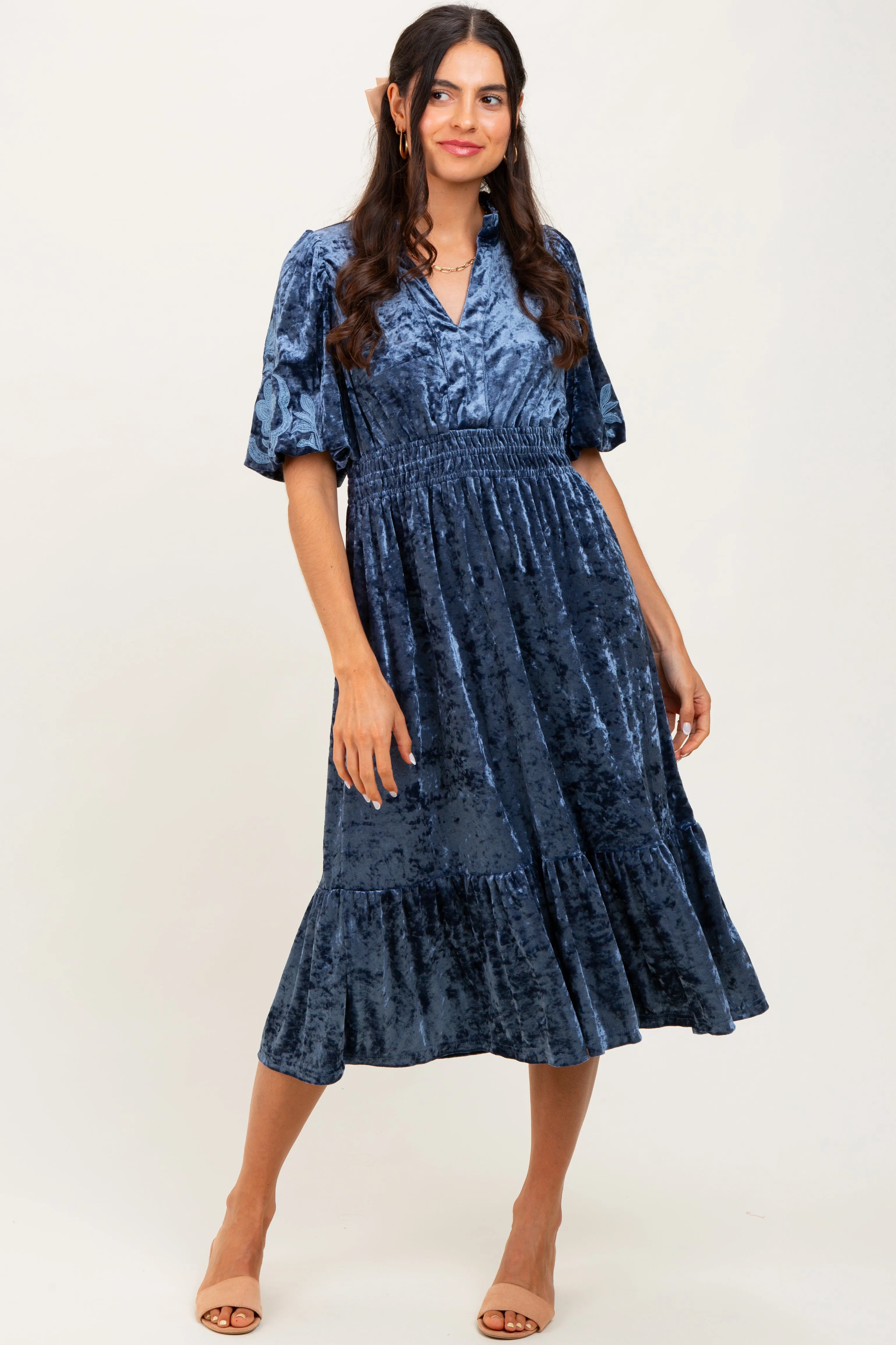Blue Embroidered Velvet Smocked Waist Maternity Midi Dress sold by Pinkblush product image thumbnail 5