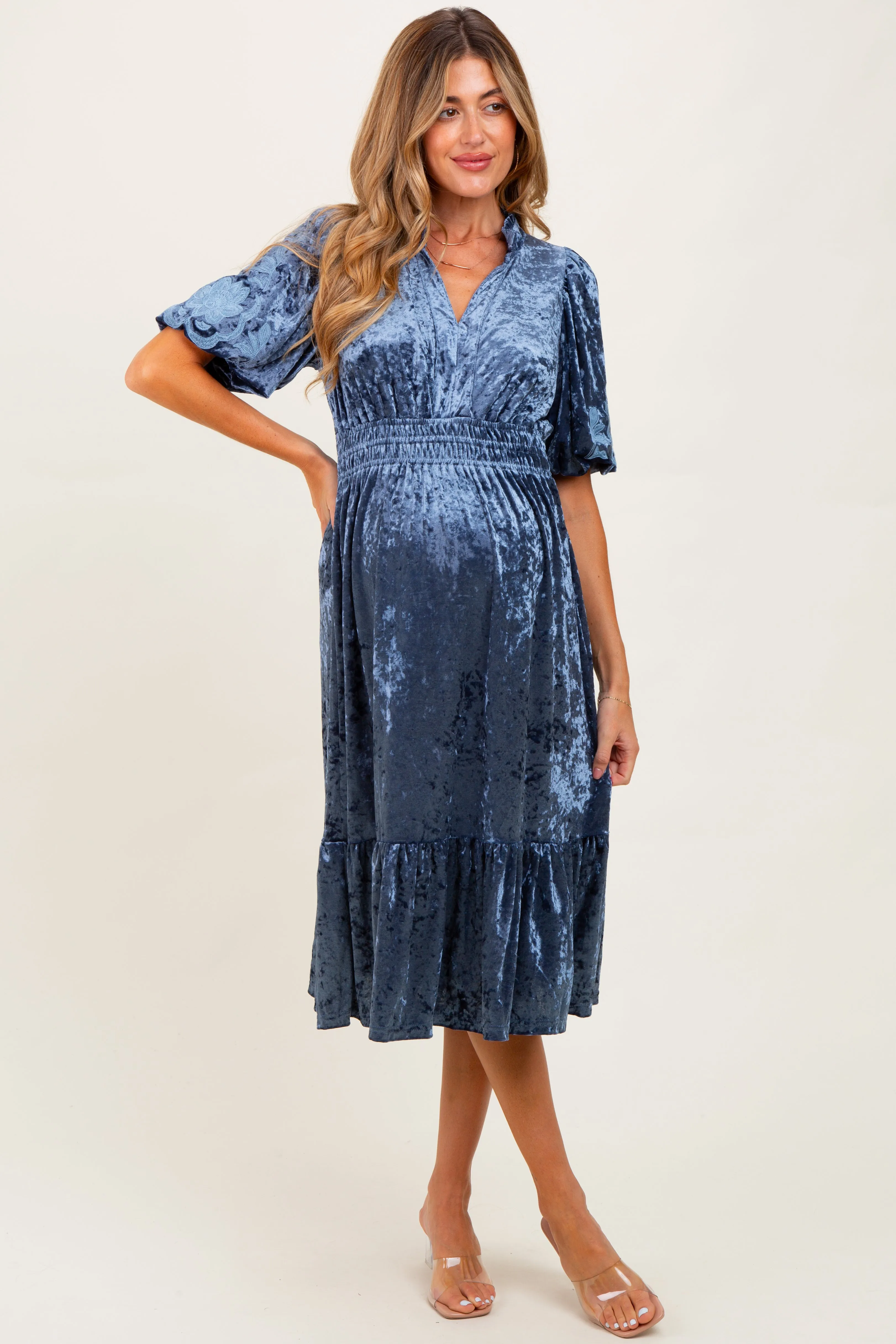 Blue Embroidered Velvet Smocked Waist Maternity Midi Dress sold by Pinkblush product image thumbnail 2
