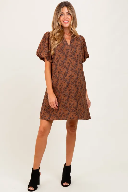 Brown Textured Floral Bubble Sleeve A-Line Maternity Mini Dress sold by Pinkblush