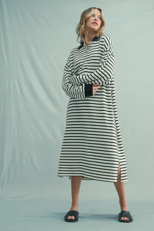 Black Stripe Snap Button Long Sleeve Midi Dress sold by Pinkblush