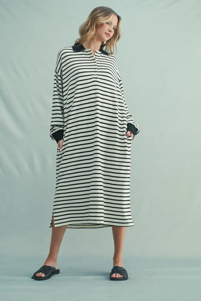 Black Stripe Snap Button Long Sleeve Midi Dress sold by Pinkblush product image thumbnail 2