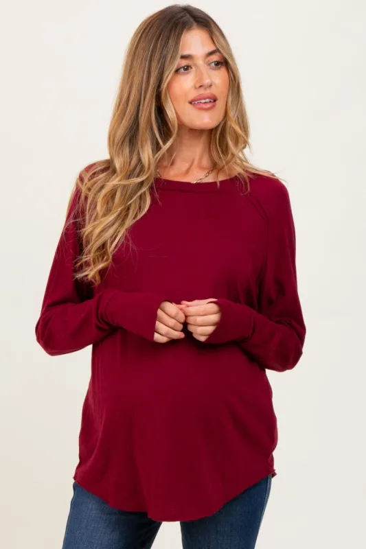 Burgundy Exposed Seam Long Sleeve Maternity Top sold by Pinkblush