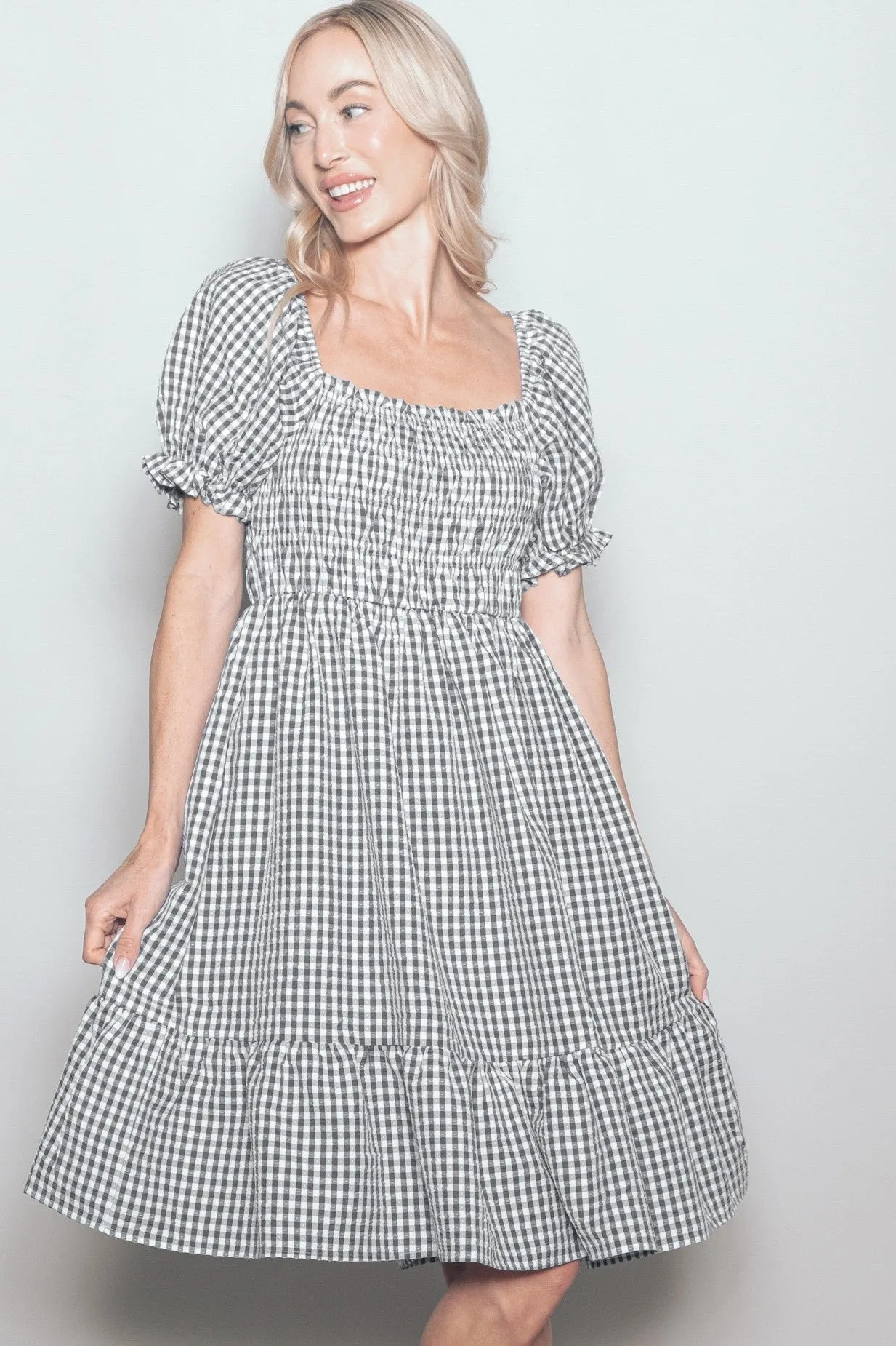 Black Gingham Smocked Puff Sleeve Dress sold by Pinkblush product image thumbnail 2