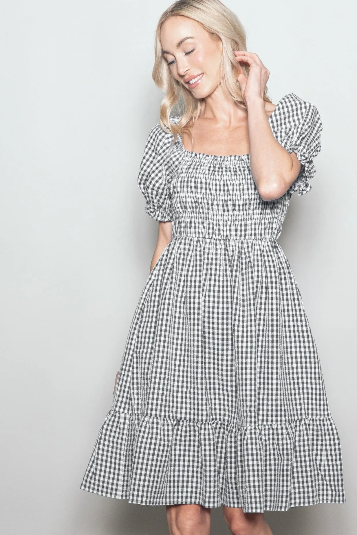 Black Gingham Smocked Puff Sleeve Dress sold by Pinkblush