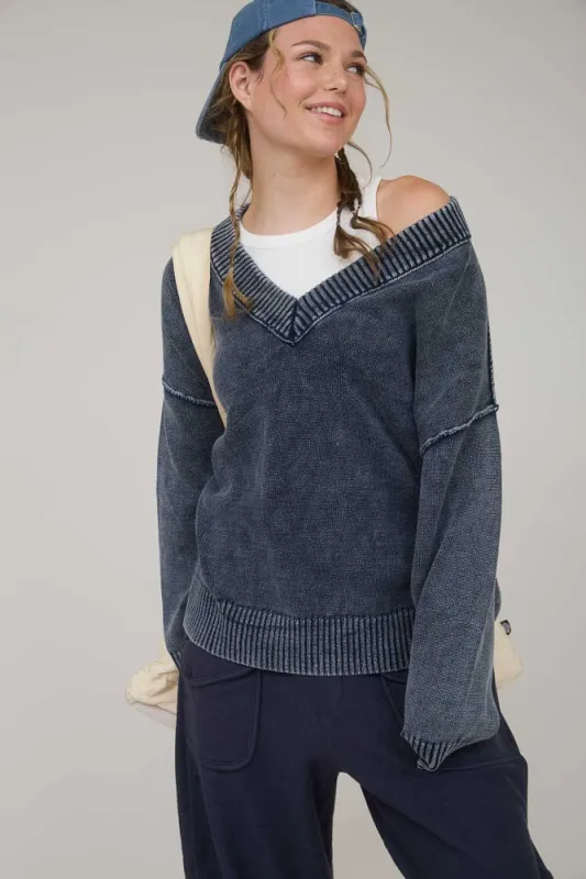 Navy Vintage Wash Oversized V-Neck Sweater sold by Pinkblush