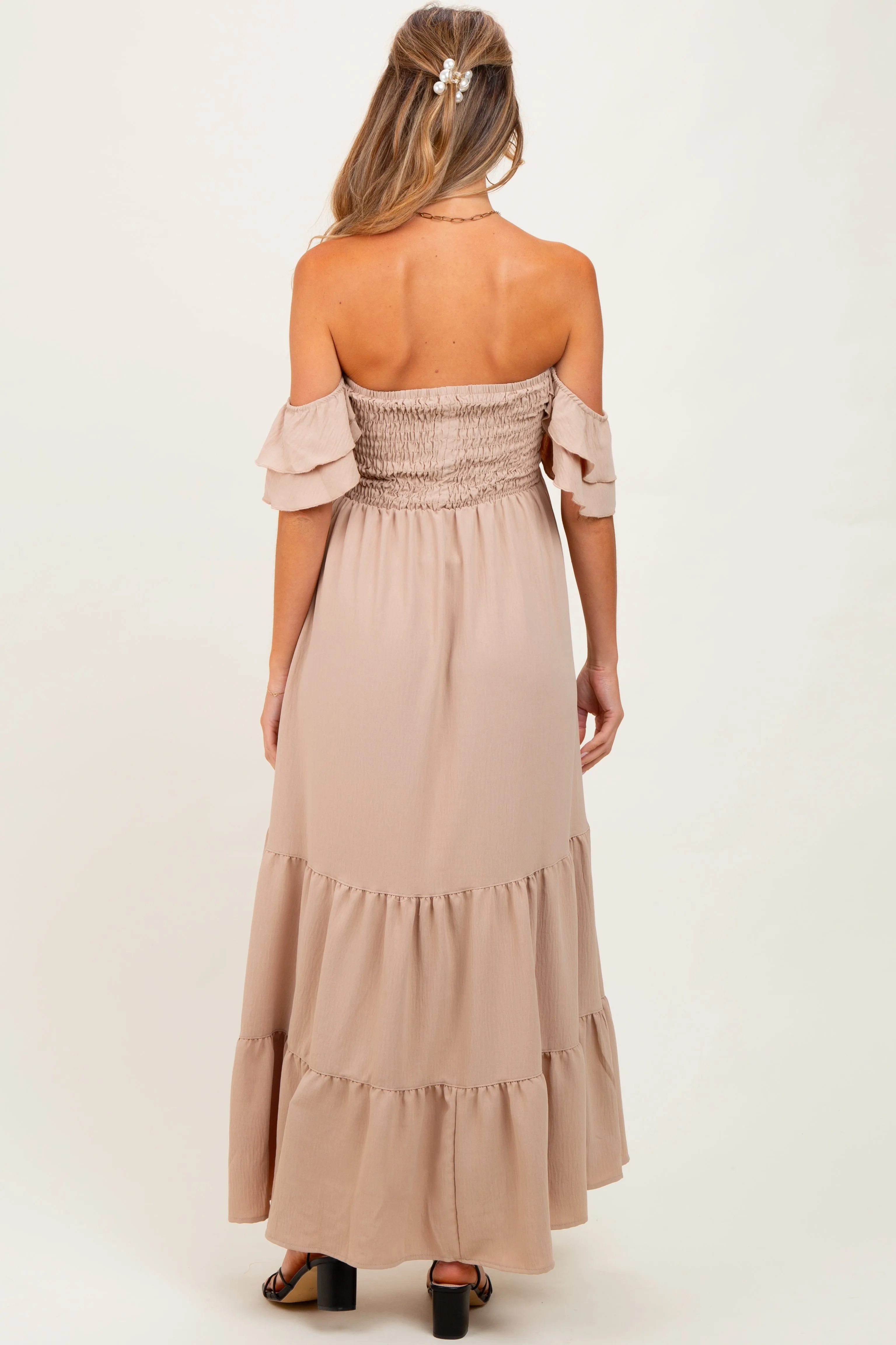 Beige Smocked Ruffle Off Shoulder Tiered Maternity Maxi Dress sold by Pinkblush product image thumbnail 4